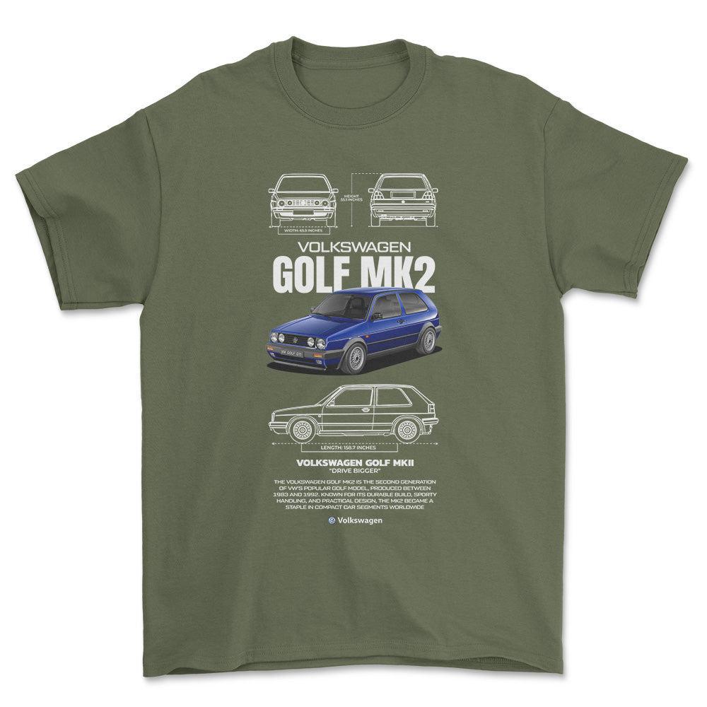 Volkswagen VW Golf Mk2 Unisex T-Shirt , Bomuld-Beklædning-VW-Grøn Militær-S-Forside-Garage Culture Shop- garage - man cave - merchandise