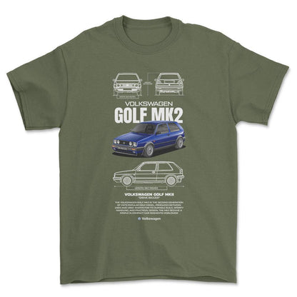 Volkswagen VW Golf Mk2 Unisex T-Shirt , Bomuld-Beklædning-VW-Grøn Militær-S-Forside-Garage Culture Shop- garage - man cave - merchandise