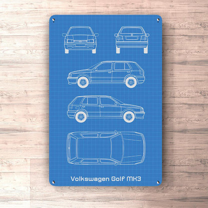 Volkswagen VW Golf Mk3 Blueprint Skilte, Musemåtte, Dørmåtte , Plakat-Blueprint-VW-Garage Culture Shop- garage - man cave - merchandise