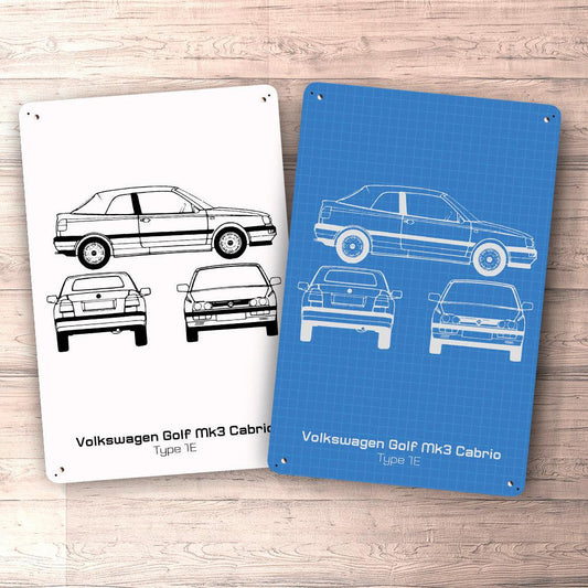 Volkswagen VW Golf Mk3 Cabrio Type 1E Blueprint Skilte, Musemåtte, Dørmåtte-Blueprint-VW-Garage Culture Shop- garage - man cave - merchandise