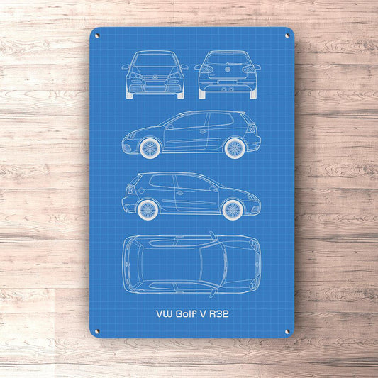 Volkswagen VW Golf R32 Blueprint Skilte, Musemåtte, Dørmåtte-Blueprint-VW-Garage Culture Shop- garage - man cave - merchandise