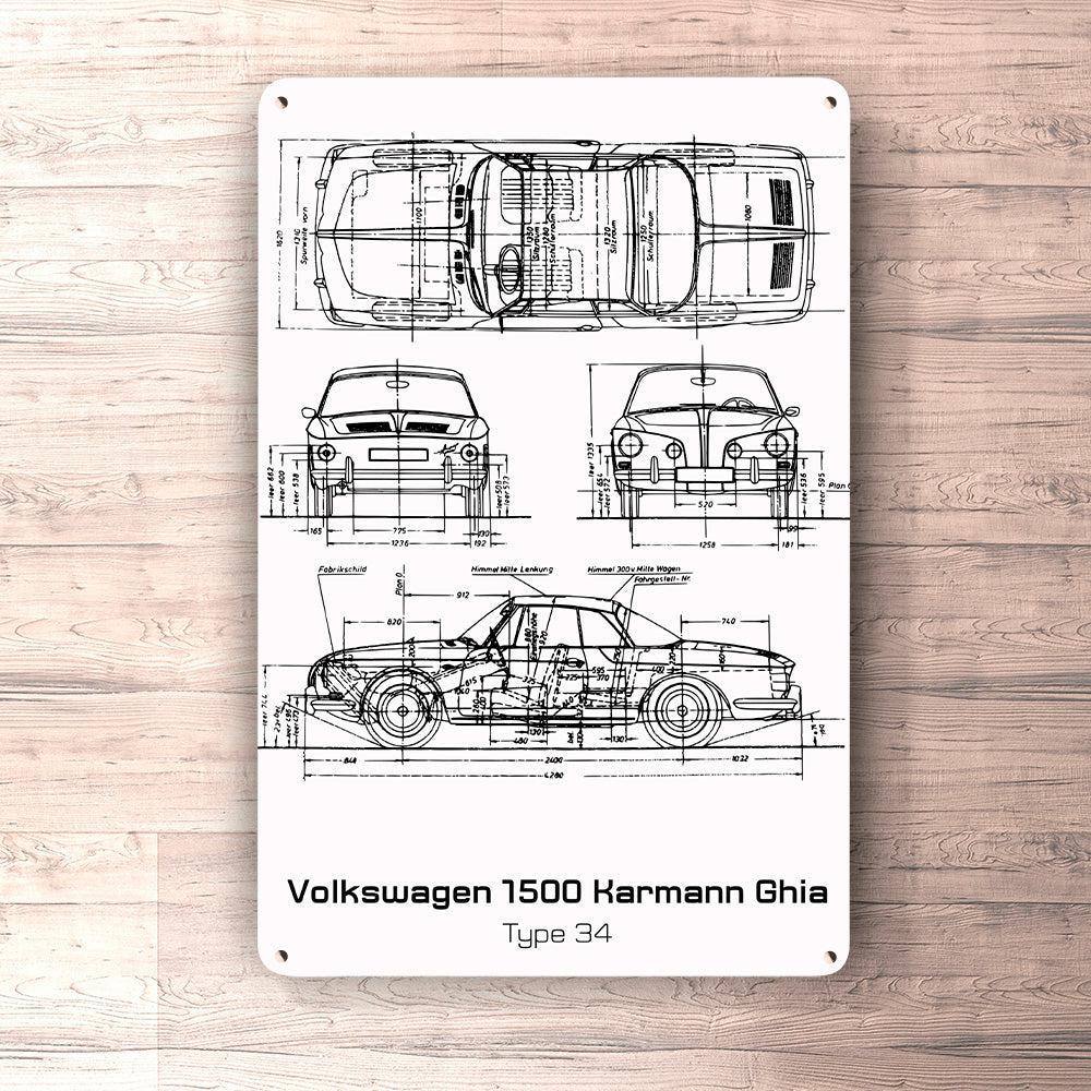 Volkswagen VW Karmann Ghia Type 34 Blueprint Skilte, Musemåtte, Dørmåtte-Blueprint-VW-Garage Culture Shop- garage - man cave - merchandise