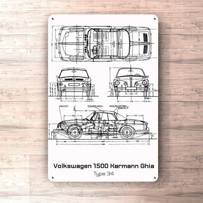 Volkswagen VW Karmann Ghia Type 34 Blueprint Skilte, Musemåtte, Dørmåtte-Blueprint-VW-Garage Culture Shop- garage - man cave - merchandise