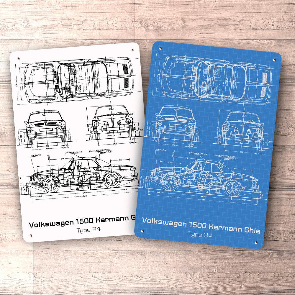 Volkswagen VW Karmann Ghia Type 34 Blueprint Skilte, Musemåtte, Dørmåtte-Blueprint-VW-Garage Culture Shop- garage - man cave - merchandise