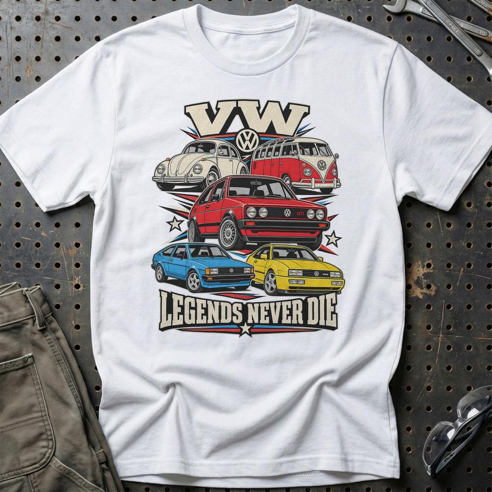 Volkswagen VW Legends Never Die T-Shirt-Beklædning-VW-Hvid-S-Garage Culture Shop- garage - man cave - merchandise