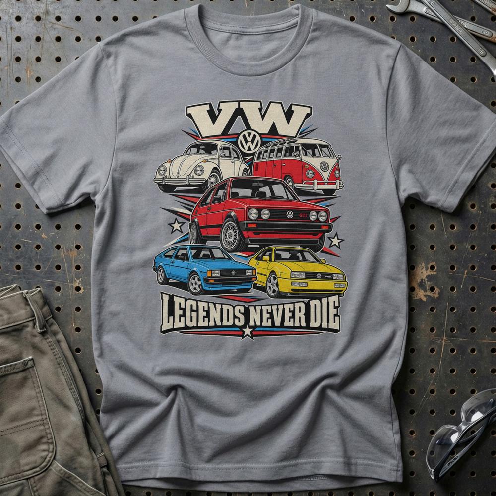 Volkswagen VW Legends Never Die T-Shirt-Beklædning-VW-Grå Sport-S-Garage Culture Shop- garage - man cave - merchandise