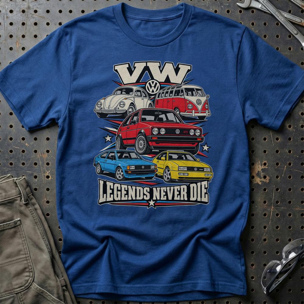 Volkswagen VW Legends Never Die T-Shirt-Beklædning-VW-Blå Royal-S-Garage Culture Shop- garage - man cave - merchandise