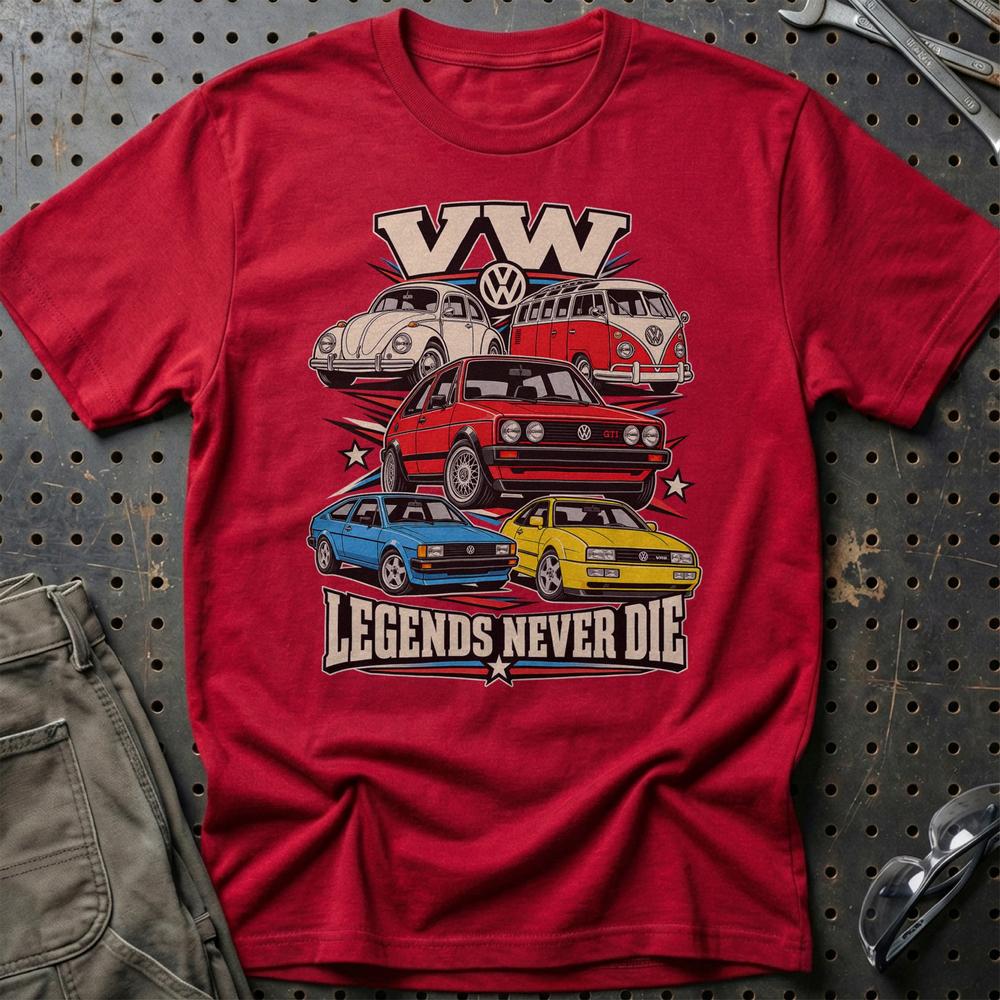 Volkswagen VW Legends Never Die T-Shirt-Beklædning-VW-Rød-S-Garage Culture Shop- garage - man cave - merchandise