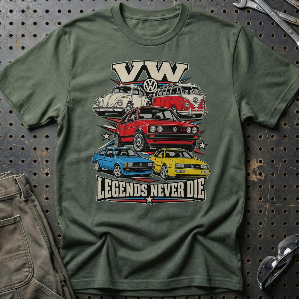 Volkswagen VW Legends Never Die T-Shirt-Beklædning-VW-Grøn Militær-S-Garage Culture Shop- garage - man cave - merchandise