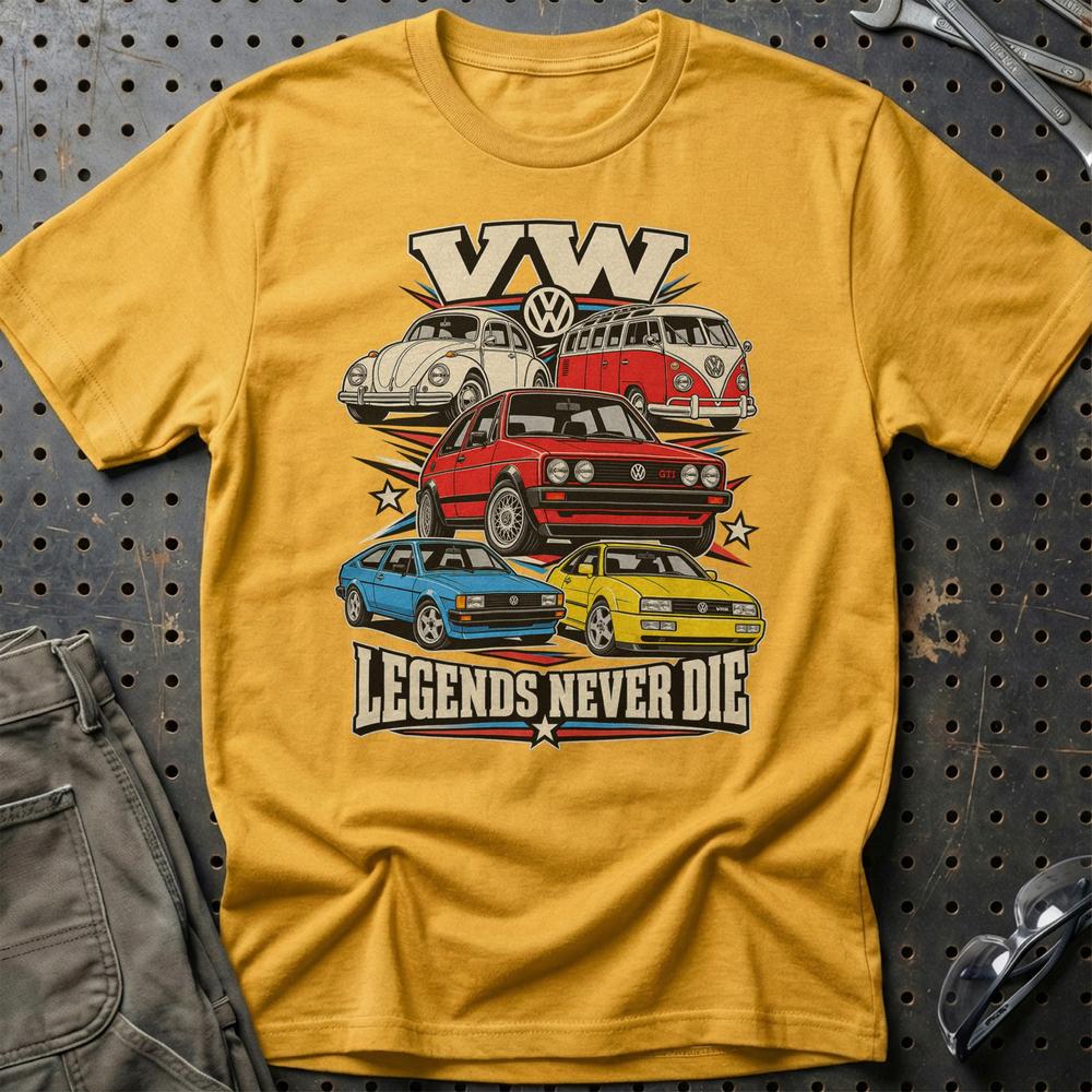 Volkswagen VW Legends Never Die T-Shirt-Beklædning-VW-Guld-S-Garage Culture Shop- garage - man cave - merchandise