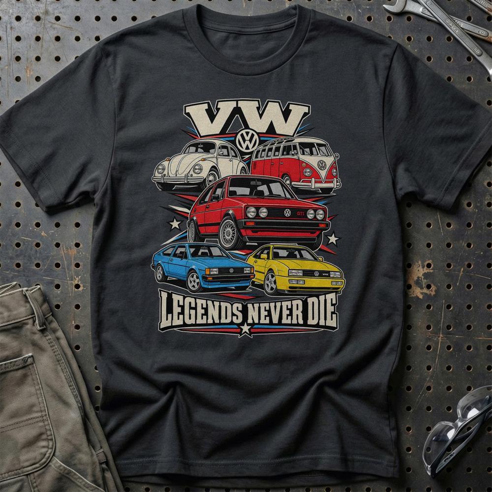 Volkswagen VW Legends Never Die T-Shirt-Beklædning-VW-Sort-S-Garage Culture Shop- garage - man cave - merchandise