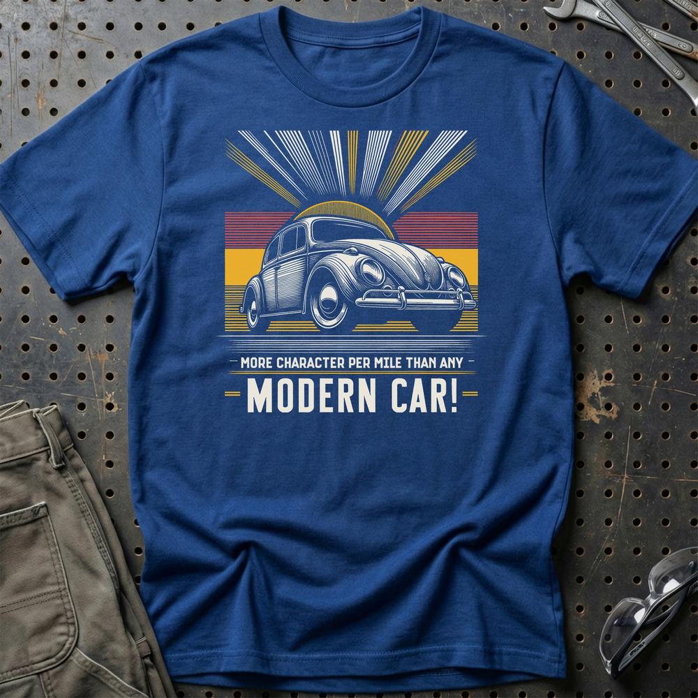 Volkswagen VW - More Character Per Mile Than Any Modern Car! T-Shirt-Beklædning-VW-Blå Royal-S-Garage Culture Shop- garage - man cave - merchandise