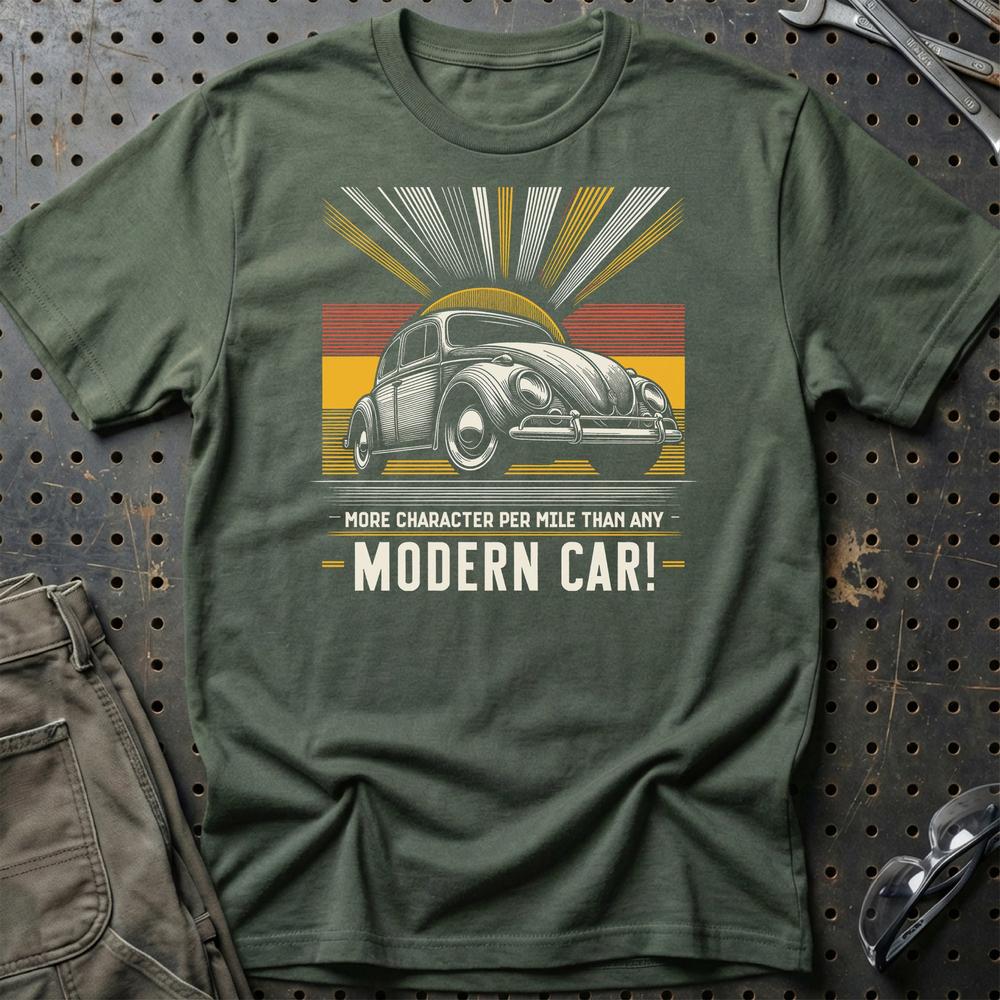 Volkswagen VW - More Character Per Mile Than Any Modern Car! T-Shirt-Beklædning-VW-Grøn Militær-S-Garage Culture Shop- garage - man cave - merchandise
