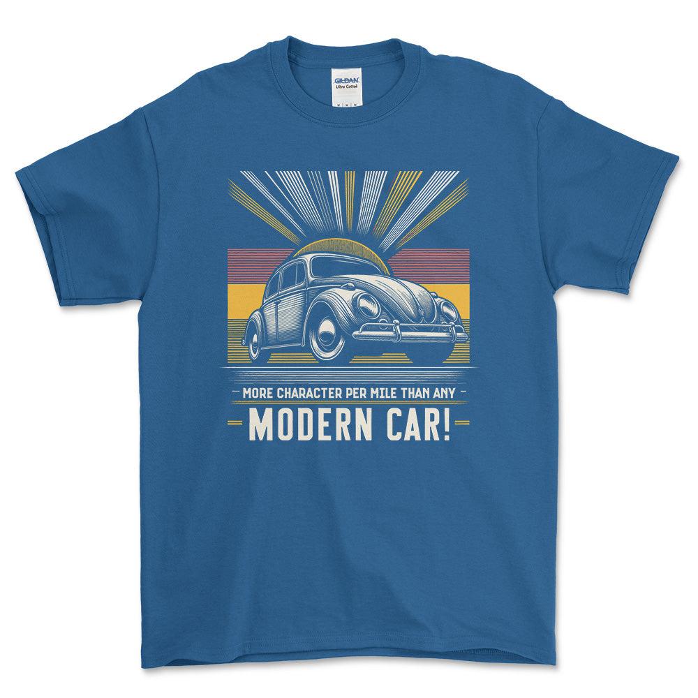 Volkswagen VW - More Character Per Mile Than Any Modern Car! - Unisex T-Shirt , Bomuld-Beklædning-VW-Blå Royal-S-Forside-Garage Culture Shop- garage - man cave - merchandise