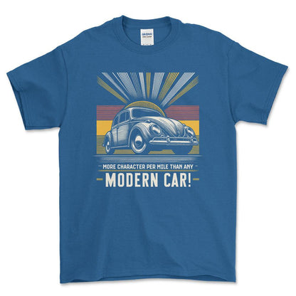 Volkswagen VW - More Character Per Mile Than Any Modern Car! - Unisex T-Shirt , Bomuld-Beklædning-VW-Blå Royal-S-Forside-Garage Culture Shop- garage - man cave - merchandise