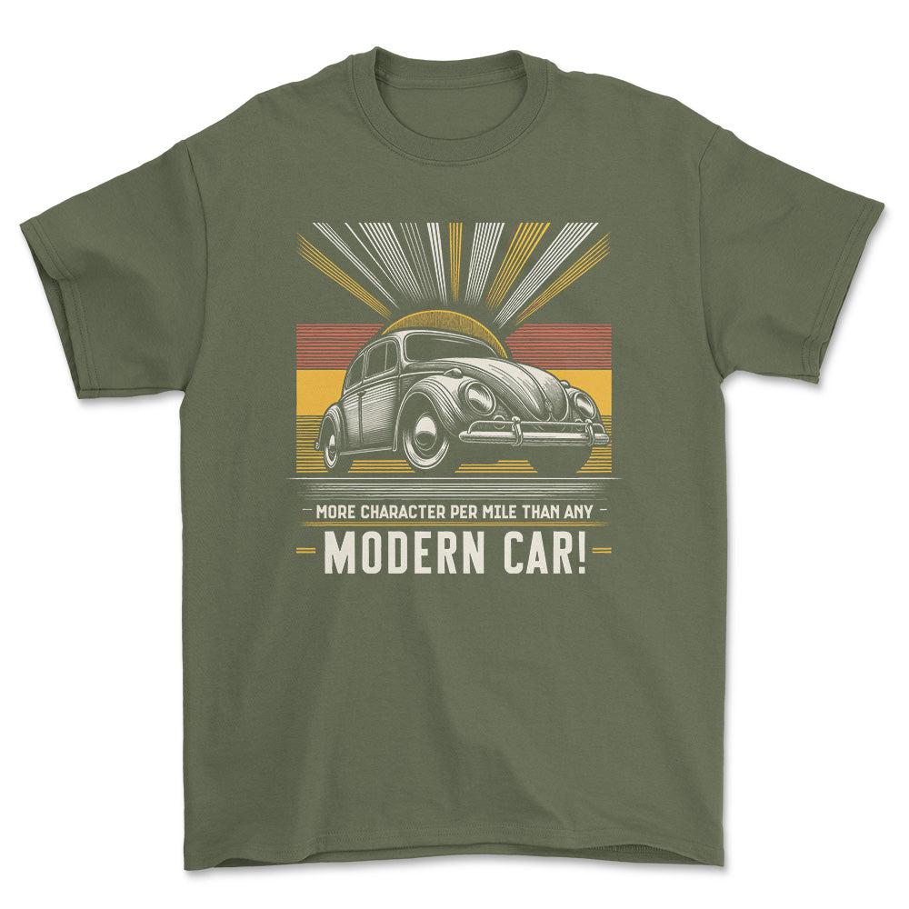 Volkswagen VW - More Character Per Mile Than Any Modern Car! - Unisex T-Shirt , Bomuld-Beklædning-VW-Grøn Militær-S-Forside-Garage Culture Shop- garage - man cave - merchandise