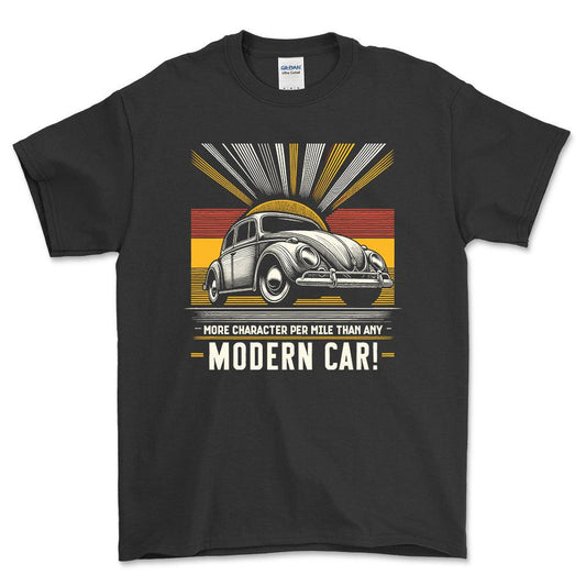 Volkswagen VW - More Character Per Mile Than Any Modern Car! - Unisex T-Shirt , Bomuld-Beklædning-VW-Sort-S-Forside-Garage Culture Shop- garage - man cave - merchandise