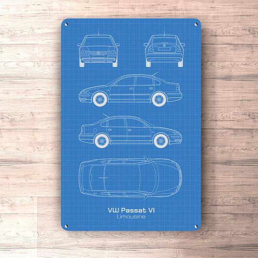 Volkswagen VW Passat VI Limousine Blueprint Skilte, Musemåtte, Dørmåtte , Plakat-Blueprint-VW-Garage Culture Shop- garage - man cave - merchandise