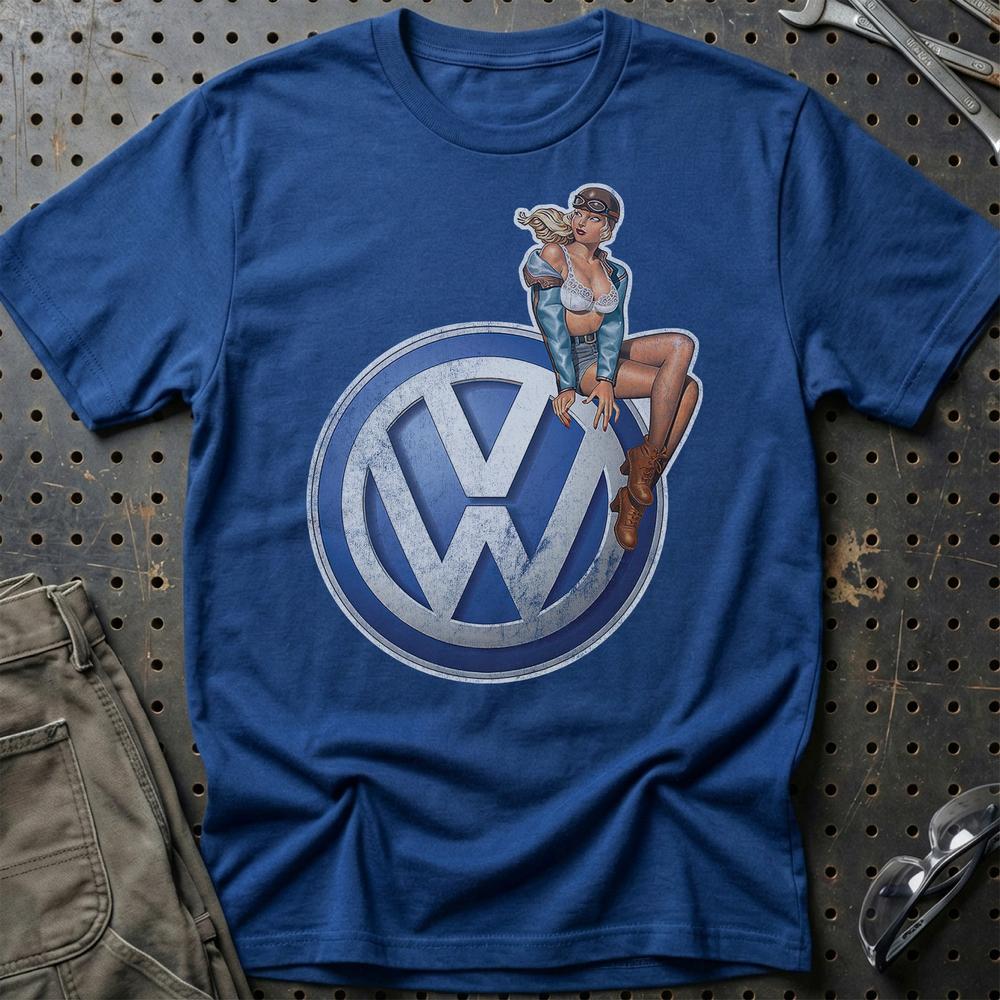 Volkswagen VW Pinup T-Shirt-Beklædning-VW-Blå Royal-S-Garage Culture Shop- garage - man cave - merchandise