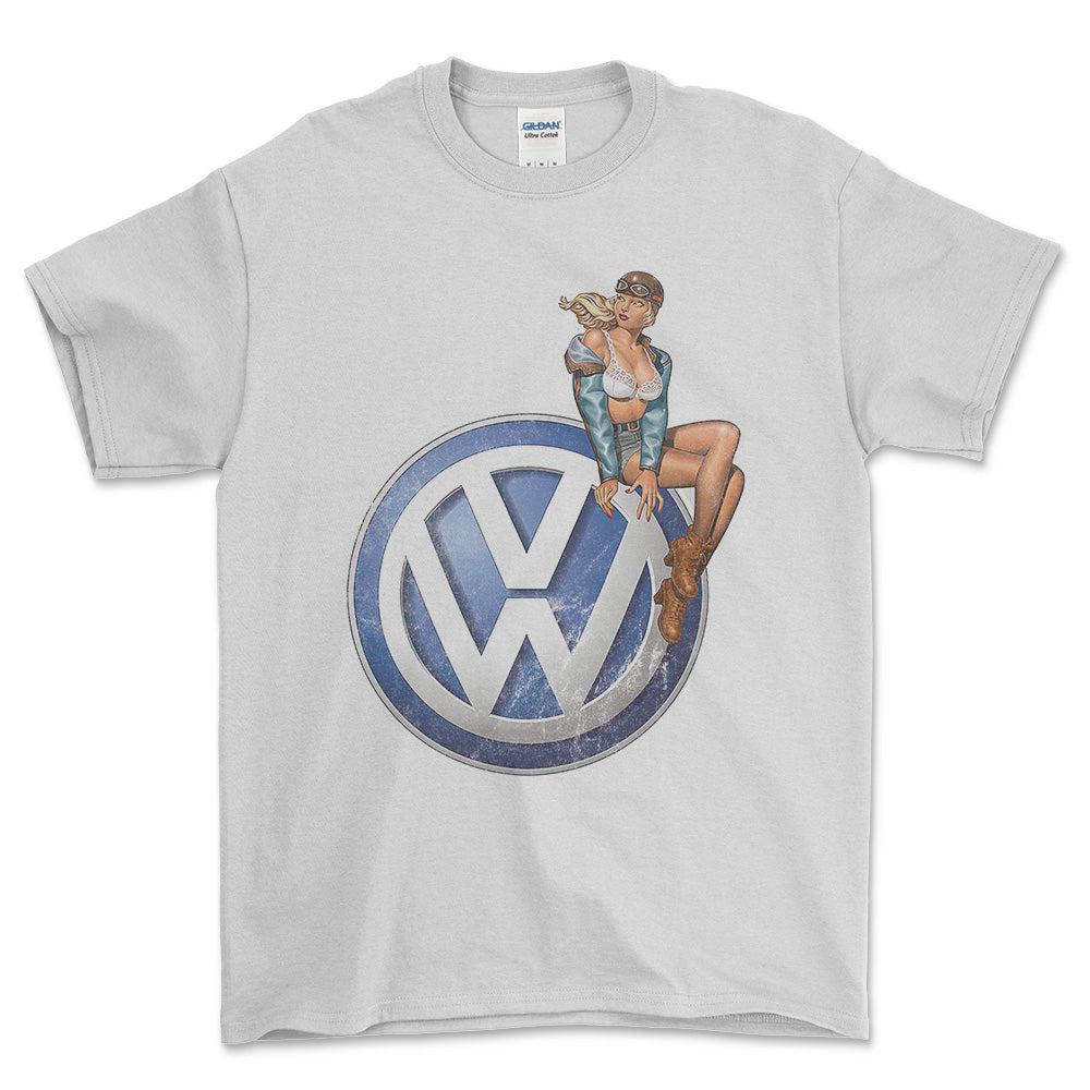 Volkswagen VW Pinup - Unisex T-Shirt , Bomuld-Beklædning-VW-Hvid-S-Forside-Garage Culture Shop- garage - man cave - merchandise