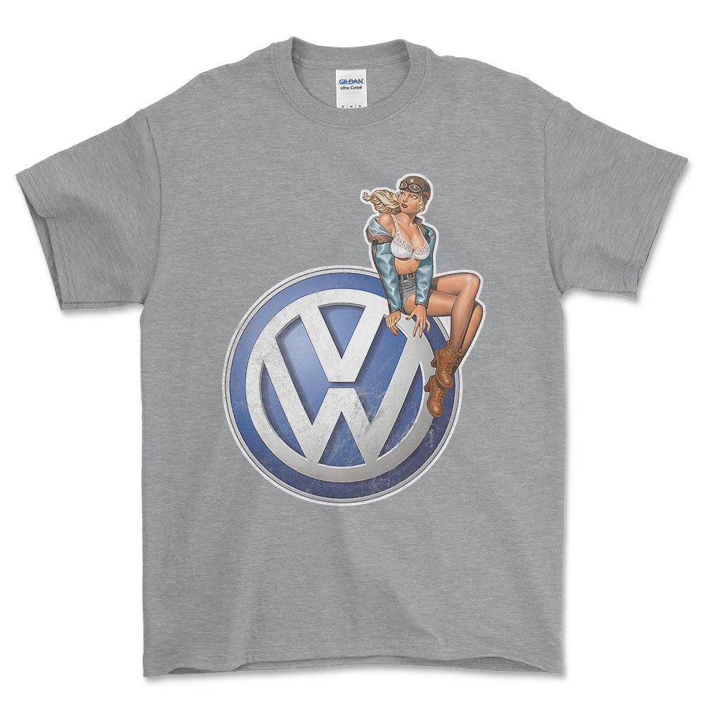 Volkswagen VW Pinup - Unisex T-Shirt , Bomuld-Beklædning-VW-Grå Sport-S-Forside-Garage Culture Shop- garage - man cave - merchandise