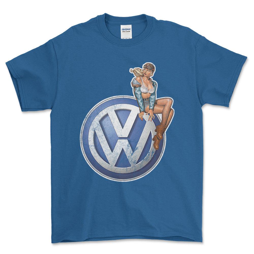 Volkswagen VW Pinup - Unisex T-Shirt , Bomuld-Beklædning-VW-Blå Royal-S-Forside-Garage Culture Shop- garage - man cave - merchandise