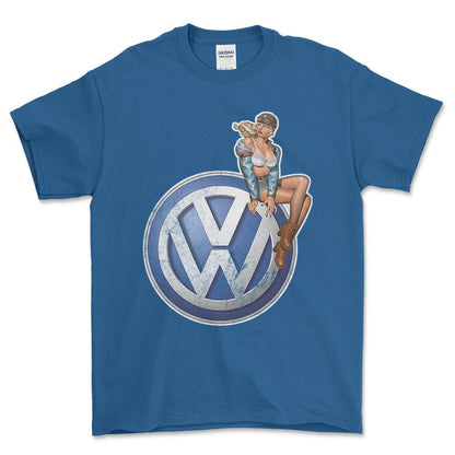 Volkswagen VW Pinup - Unisex T-Shirt , Bomuld-Beklædning-VW-Blå Royal-S-Forside-Garage Culture Shop- garage - man cave - merchandise