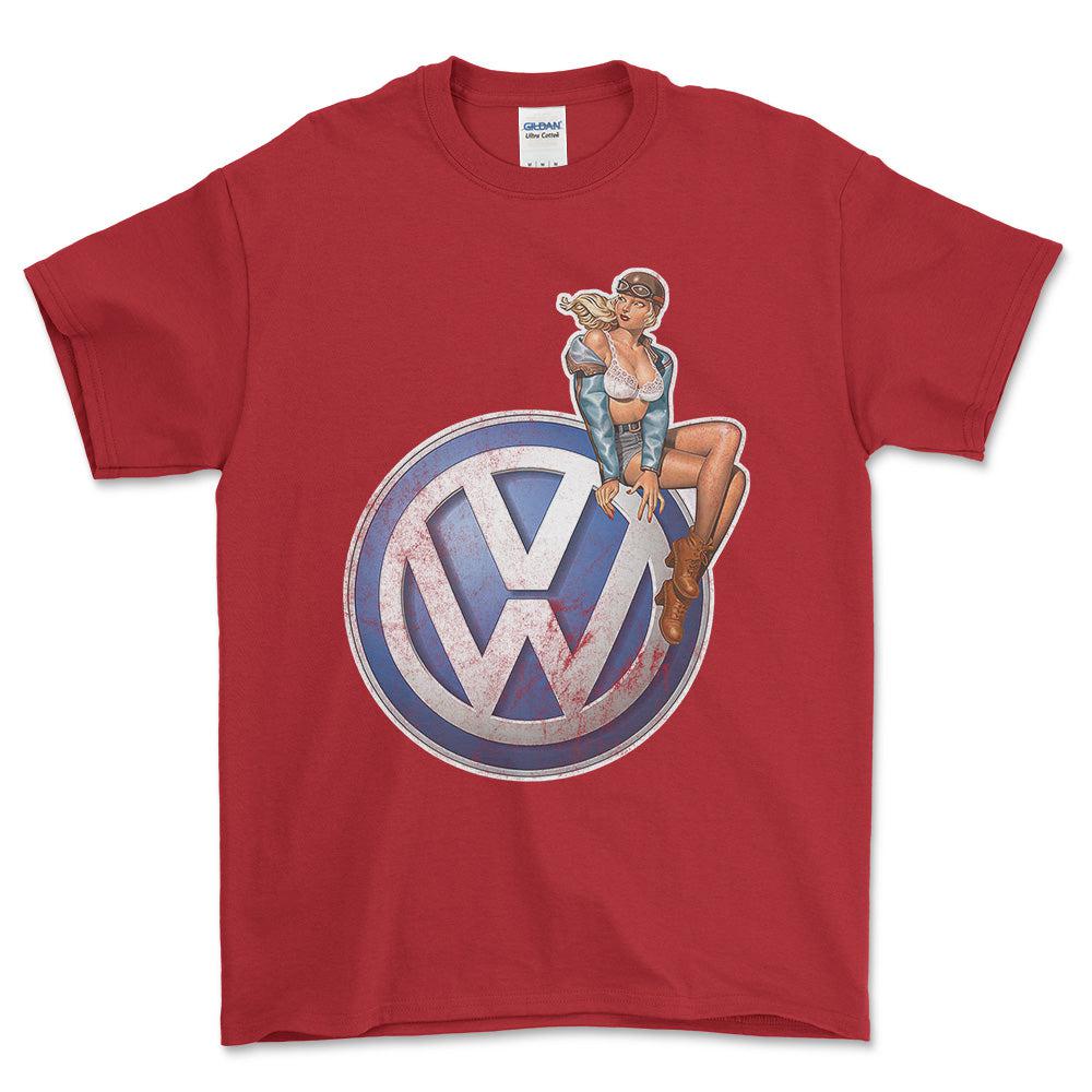 Volkswagen VW Pinup - Unisex T-Shirt , Bomuld-Beklædning-VW-Rød-S-Forside-Garage Culture Shop- garage - man cave - merchandise