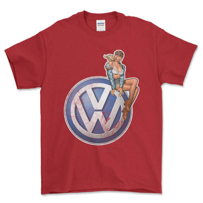 Volkswagen VW Pinup - Unisex T-Shirt , Bomuld-Beklædning-VW-Rød-S-Forside-Garage Culture Shop- garage - man cave - merchandise