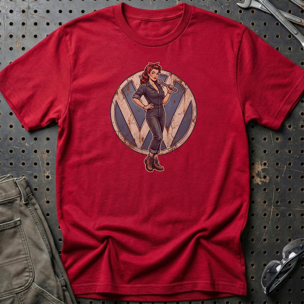 Volkswagen VW Pinup - Unisex T-Shirt , Bomuld-Beklædning-VW-Rød-S-Garage Culture Shop- garage - man cave - merchandise