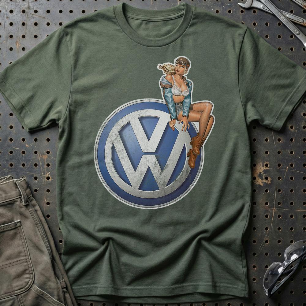 Volkswagen VW Pinup - Unisex T-Shirt , Bomuld-Beklædning-VW-Grøn Militær-S-Garage Culture Shop- garage - man cave - merchandise