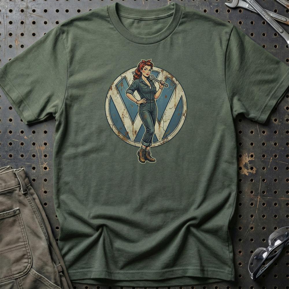 Volkswagen VW Pinup - Unisex T-Shirt , Bomuld-Beklædning-VW-Grøn Militær-S-Garage Culture Shop- garage - man cave - merchandise