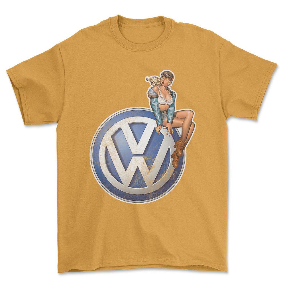 Volkswagen VW Pinup - Unisex T-Shirt , Bomuld-Beklædning-VW-Guld-S-Forside-Garage Culture Shop- garage - man cave - merchandise