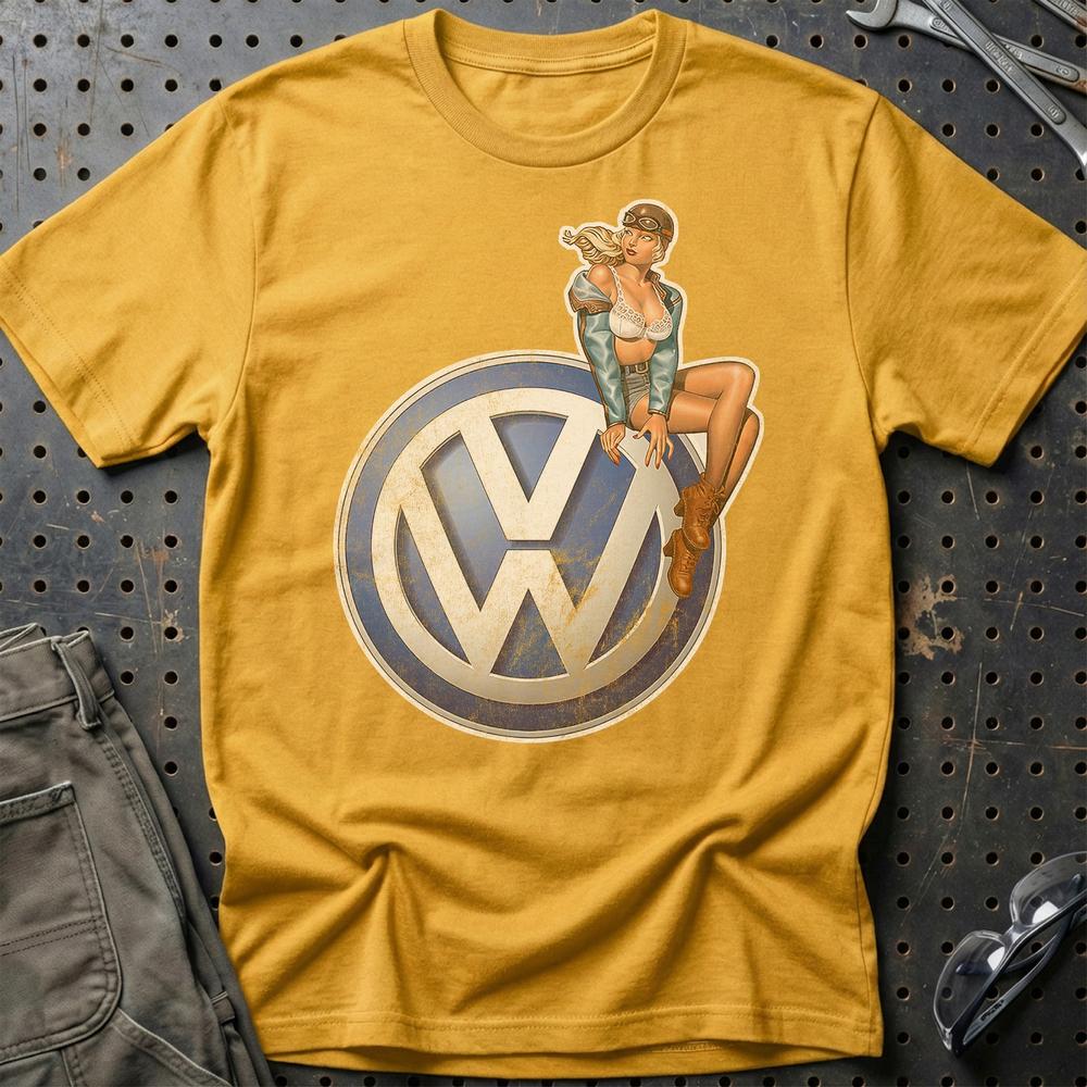 Volkswagen VW Pinup - Unisex T-Shirt , Bomuld-Beklædning-VW-Guld-S-Garage Culture Shop- garage - man cave - merchandise