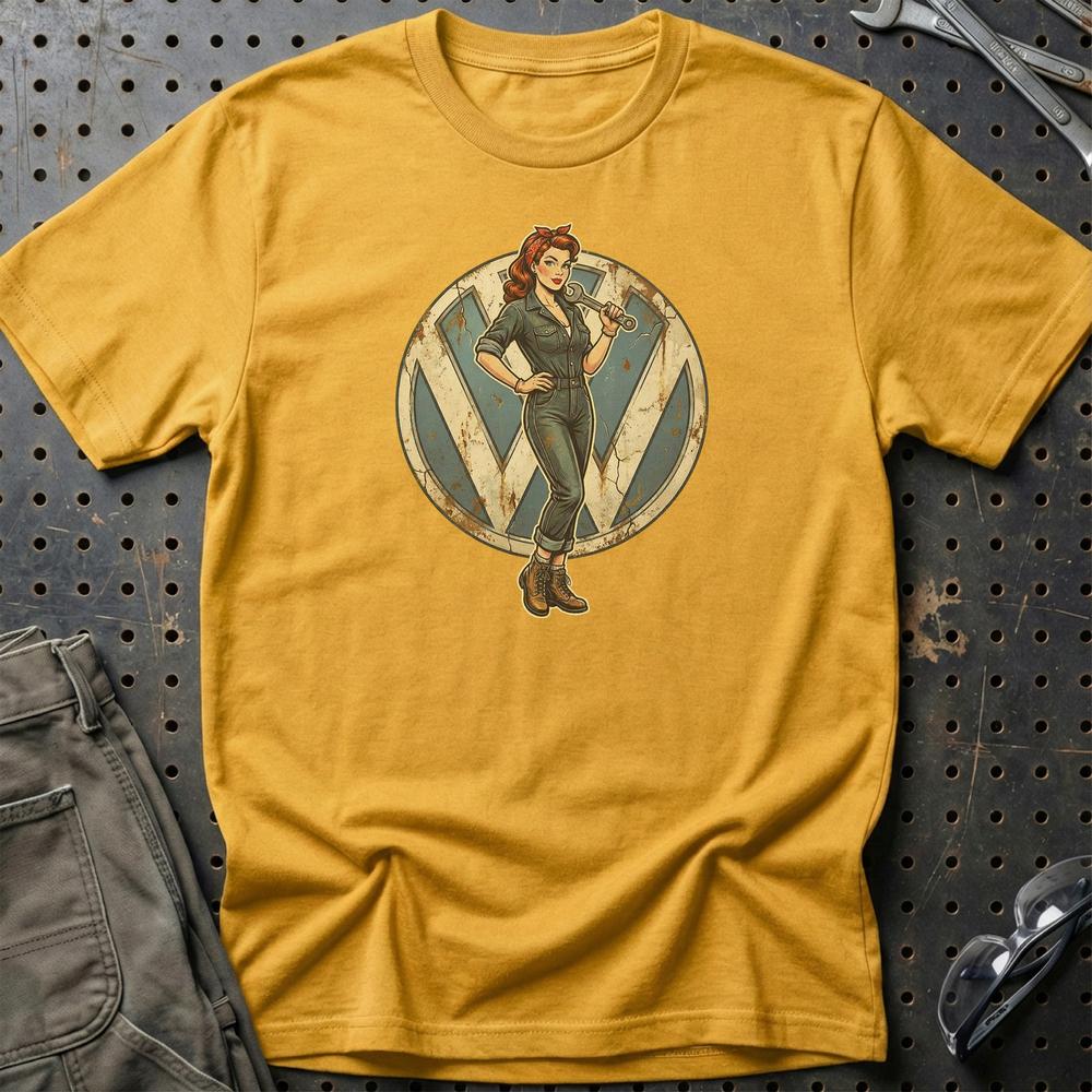 Volkswagen VW Pinup - Unisex T-Shirt , Bomuld-Beklædning-VW-Guld-S-Garage Culture Shop- garage - man cave - merchandise