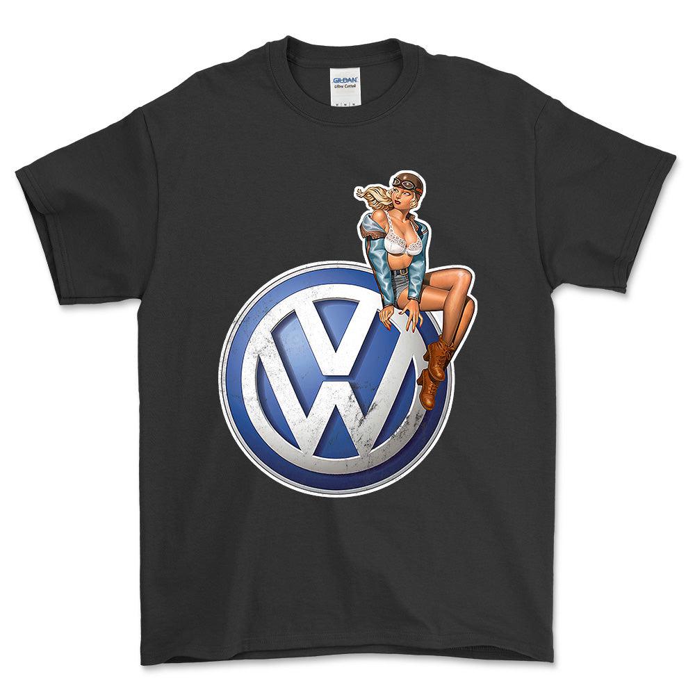 Volkswagen VW Pinup - Unisex T-Shirt , Bomuld-Beklædning-VW-Sort-S-Forside-Garage Culture Shop- garage - man cave - merchandise