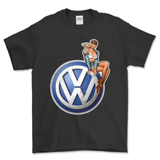 Volkswagen VW Pinup - Unisex T-Shirt , Bomuld-Beklædning-VW-Sort-S-Forside-Garage Culture Shop- garage - man cave - merchandise
