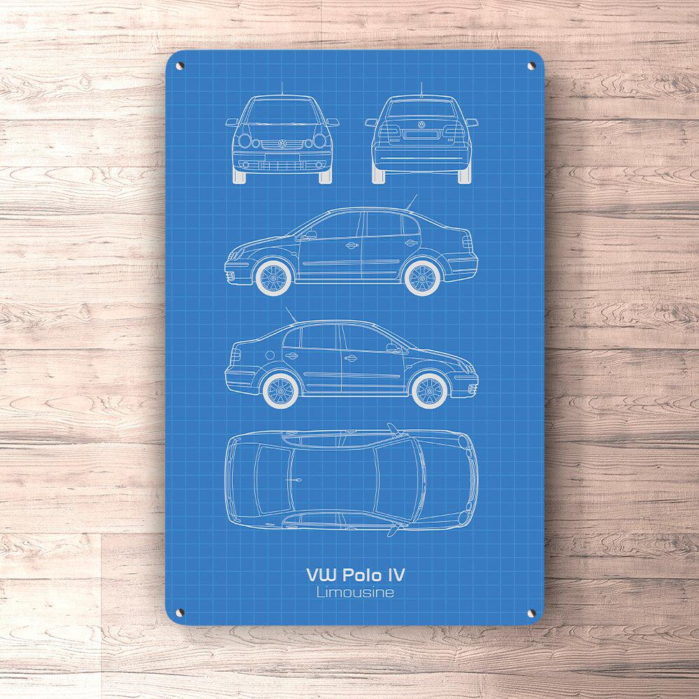 Volkswagen VW Polo IV Limousine Blueprint Skilte, Musemåtte, Dørmåtte-Blueprint-VW-Garage Culture Shop- garage - man cave - merchandise