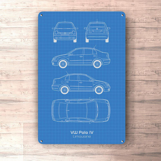 Volkswagen VW Polo IV Limousine Blueprint Skilte, Musemåtte, Dørmåtte-Blueprint-VW-Garage Culture Shop- garage - man cave - merchandise