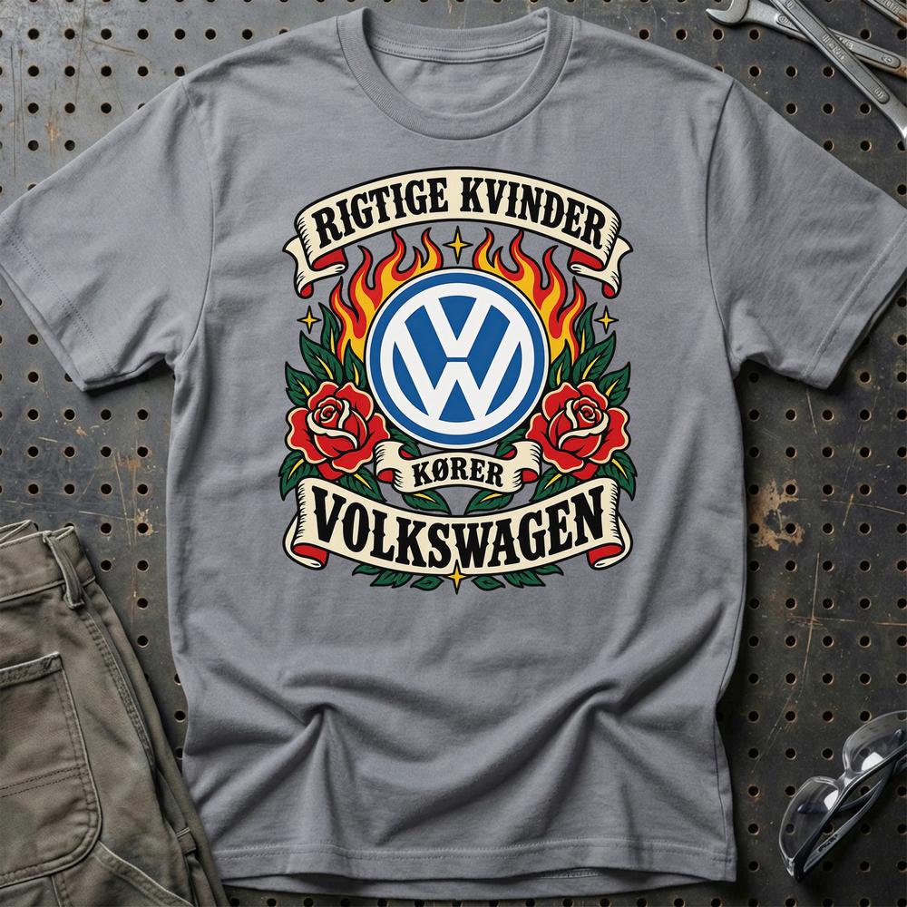 Volkswagen VW Rigtige Kvinder Kører – Roser og Flammer T-Shirt-Beklædning-VW-Grå Sport-S-Garage Culture Shop- garage - man cave - merchandise
