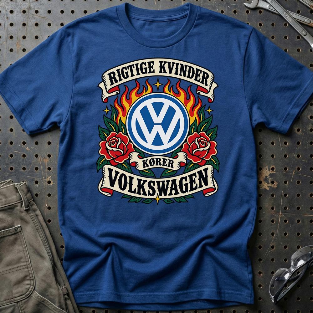 Volkswagen VW Rigtige Kvinder Kører – Roser og Flammer T-Shirt-Beklædning-VW-Blå Royal-S-Garage Culture Shop- garage - man cave - merchandise