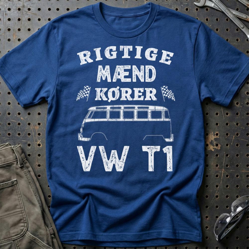 Volkswagen VW Rigtige Mænd Kører VW T1 T-Shirt-Beklædning-VW-Blå Royal-S-Garage Culture Shop- garage - man cave - merchandise