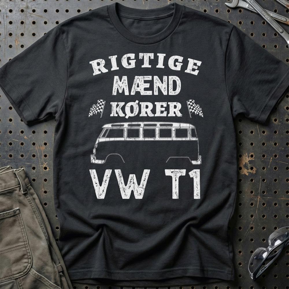 Volkswagen VW Rigtige Mænd Kører VW T1 T-Shirt-Beklædning-VW-Sort-S-Garage Culture Shop- garage - man cave - merchandise