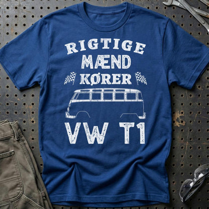 Volkswagen VW Rigtige Mænd Kører VW T1 - Unisex T-Shirt , Bomuld-Beklædning-VW-Blå Royal-S-Garage Culture Shop- garage - man cave - merchandise