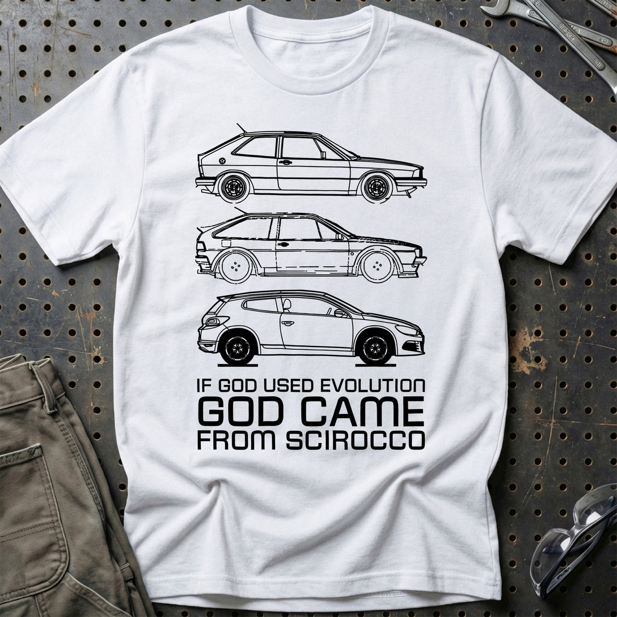 
Volkswagen VW Scirocco If God Used Evolution God Came From Scirocco T-Shirt – Hvid