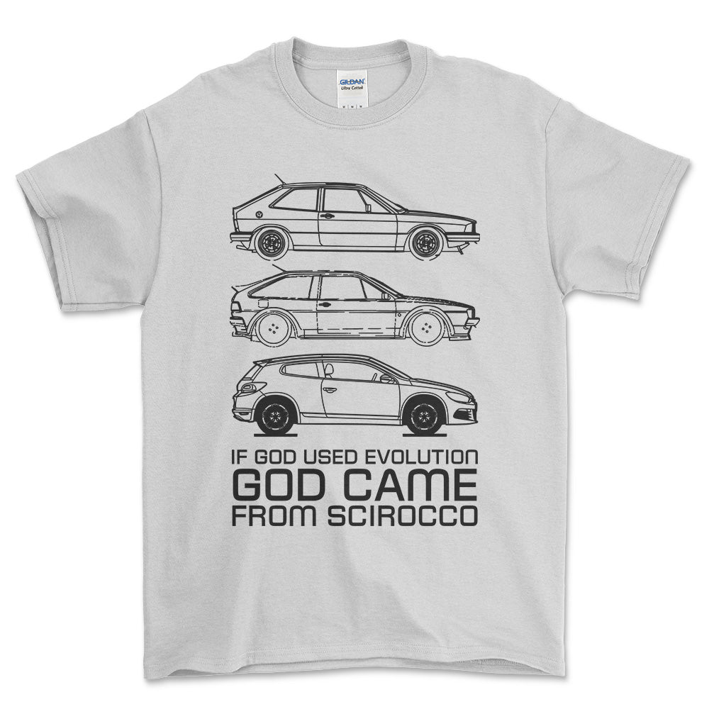 Volkswagen VW Scirocco If God Used Evolution God Came From Scirocco Unisex T-Shirt , Bomuld-Beklædning-VW-Hvid-S-Forside-Garage Culture Shop- garage - man cave - merchandise