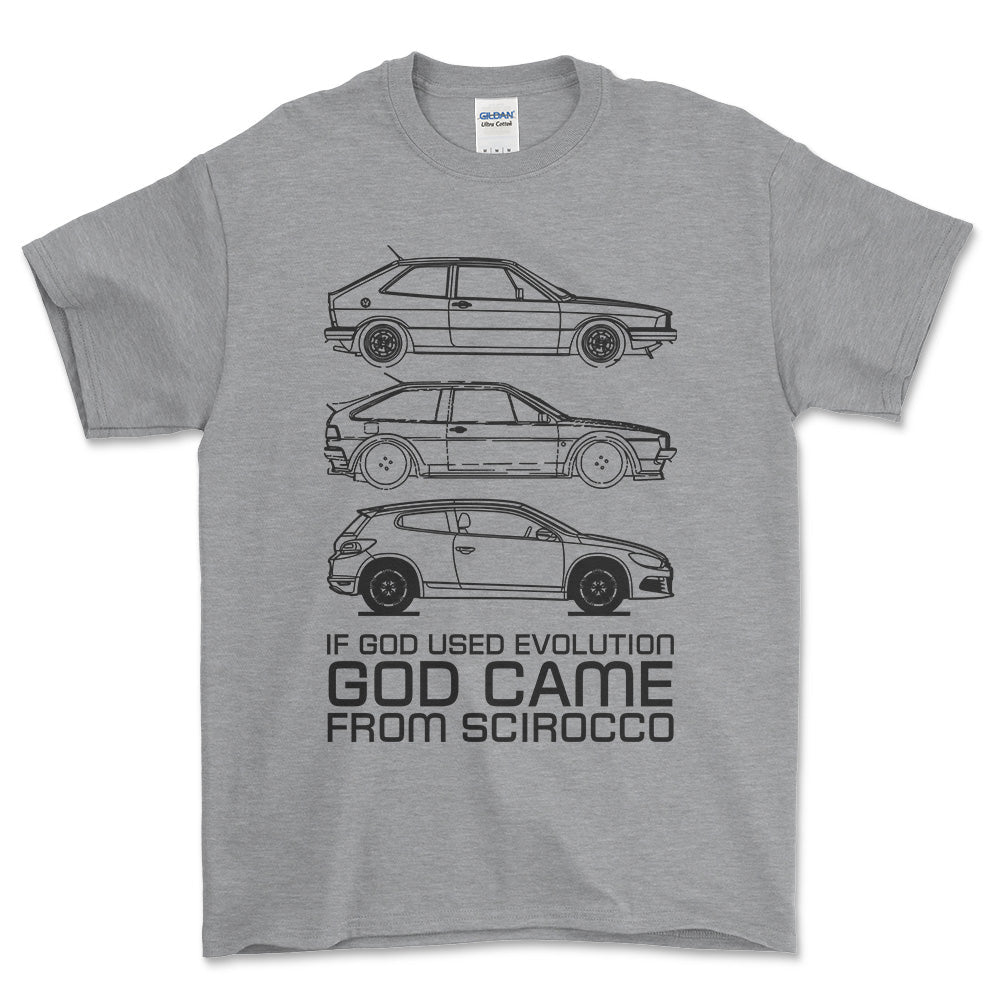 Volkswagen VW Scirocco If God Used Evolution God Came From Scirocco Unisex T-Shirt , Bomuld-Beklædning-VW-Grå Sport-S-Forside-Garage Culture Shop- garage - man cave - merchandise