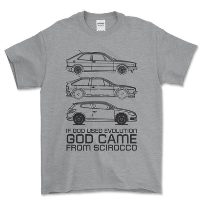 Volkswagen VW Scirocco If God Used Evolution God Came From Scirocco Unisex T-Shirt , Bomuld-Beklædning-VW-Grå Sport-S-Forside-Garage Culture Shop- garage - man cave - merchandise