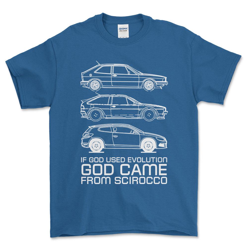 Volkswagen VW Scirocco If God Used Evolution God Came From Scirocco Unisex T-Shirt , Bomuld-Beklædning-VW-Blå Royal-S-Forside-Garage Culture Shop- garage - man cave - merchandise