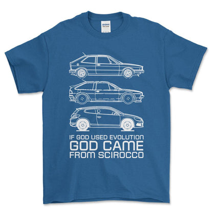 Volkswagen VW Scirocco If God Used Evolution God Came From Scirocco Unisex T-Shirt , Bomuld-Beklædning-VW-Blå Royal-S-Forside-Garage Culture Shop- garage - man cave - merchandise